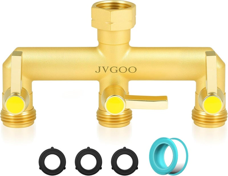 Jvgoo موزع خرطوم الحديقة، موزع خرطوم نحاسي 3 طرق، موزع خرطوم ماء 3/4" 3 طرق ثقيل مع صمام إغلاق معدني ومقبض تمديد، موزع صنبور خارجي، موزع مياه - Image 1